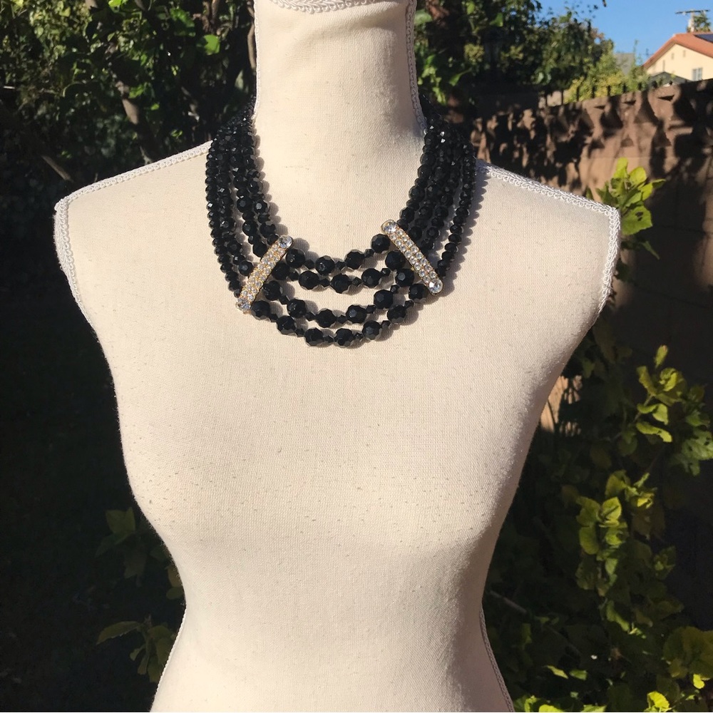 Black beaded rhinestones bib vtg necklace